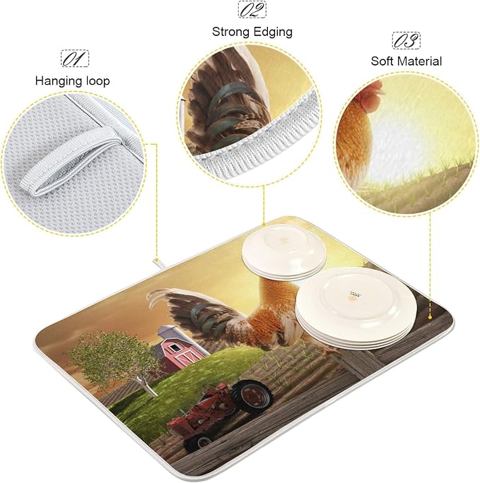 Morning Farm Crowing Rooster 16 x 18 Inches Absorbent Dish Drying Mat - Image 3