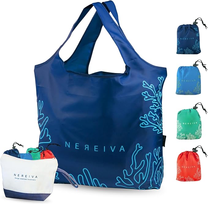 4 Pack Foldable Grocery Bags into Tiny Pouch by Nereiva