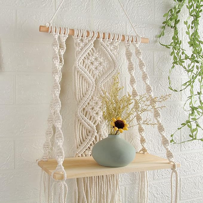 Mong Handmade Macrame Wall Hanging Shelf, Boho Indoor Rope Plant Pot Basket - Image 5