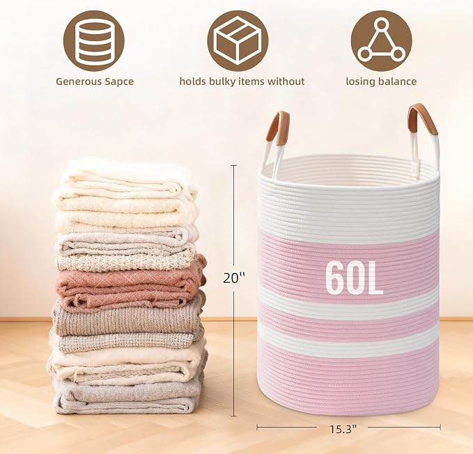 60L Striped Laundry Basket, Woven Cotton Rope Storage Bin - Image 4