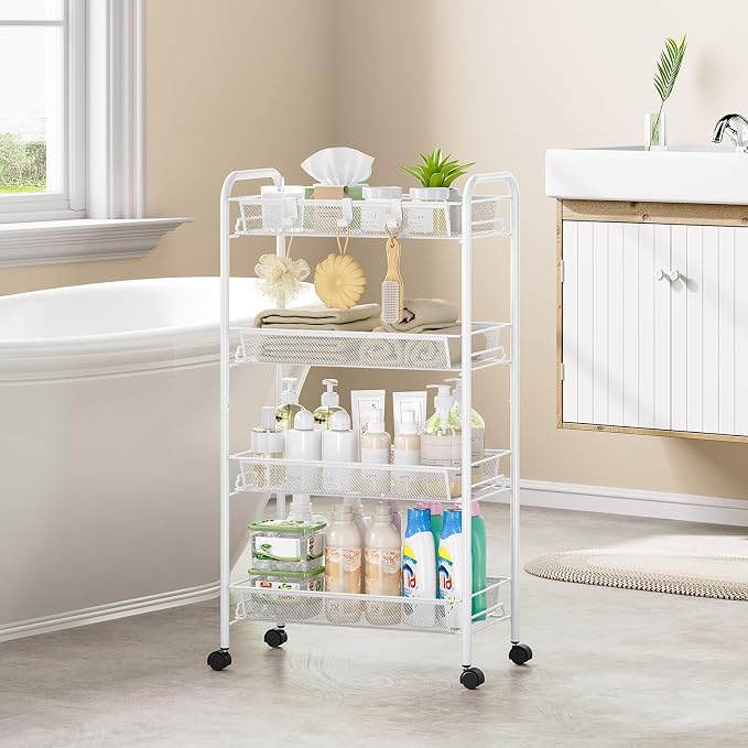 4-Tier Metal Utility Cart, Mesh Wire Rolling Cart on Wheel, Storage Trolley - Image 5