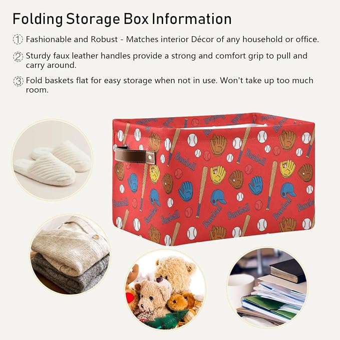 Emelivor Baseball Gloves Red Storage Basket Bins Foldable Laundry Hamper - Image 5