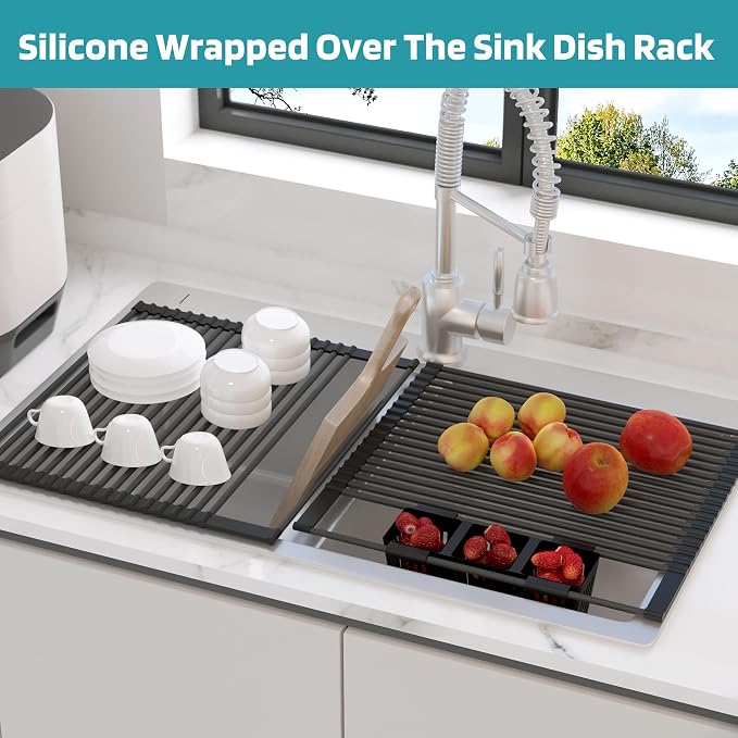 Roll Up Dish Drying Rack, Silicone Wrapped Over The Sink Multipurpose Foldable - Image 5