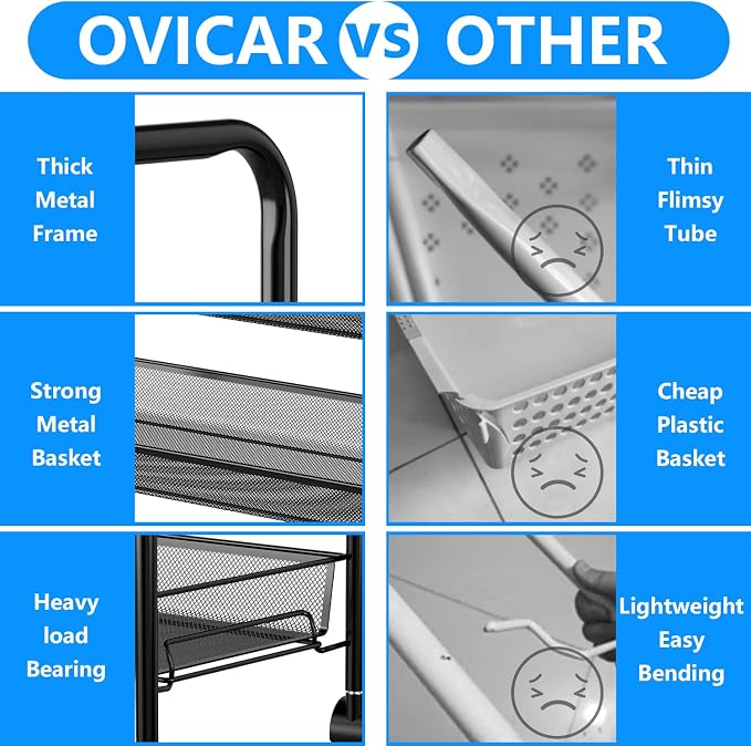OVICAR 4 Tier Mesh Wire Rolling Cart, Kitchen Storage Organizer Utility Cart - Image 7