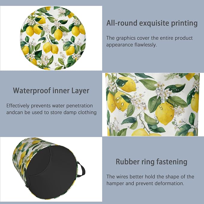 Lemon Laundry Basket, Flower Leaf Foldable Oxford Cloth Tote Bag Laundry Hamper - Image 5