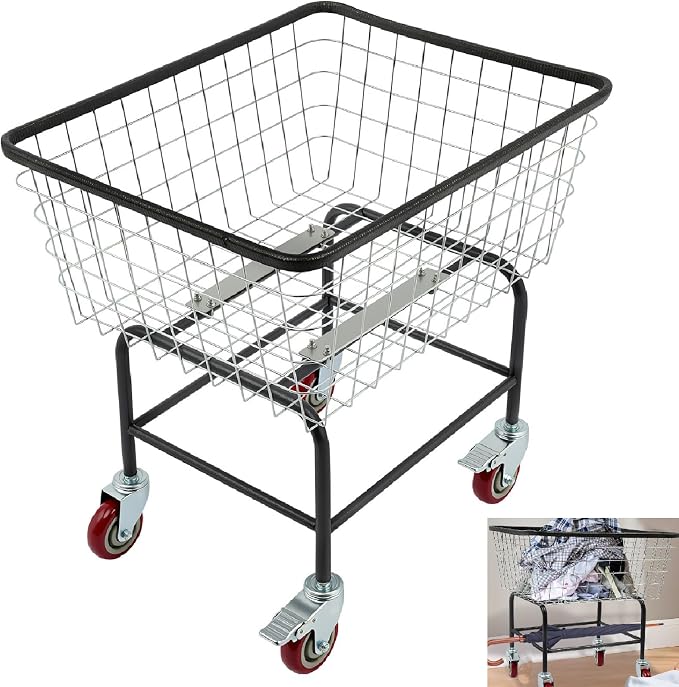 Wire Laundry Cart with Wheels, Heavy Duty Rolling Laundry Basket With Wheels by Pinelicorn