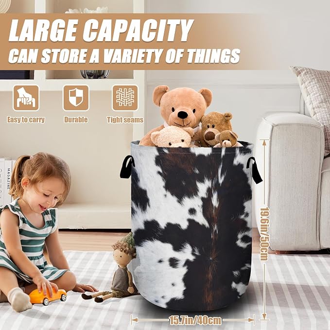 Brown Cowhide Laundry Basket, Cowskin Print Laundry Hamper Tote Bag Dirty - Image 2