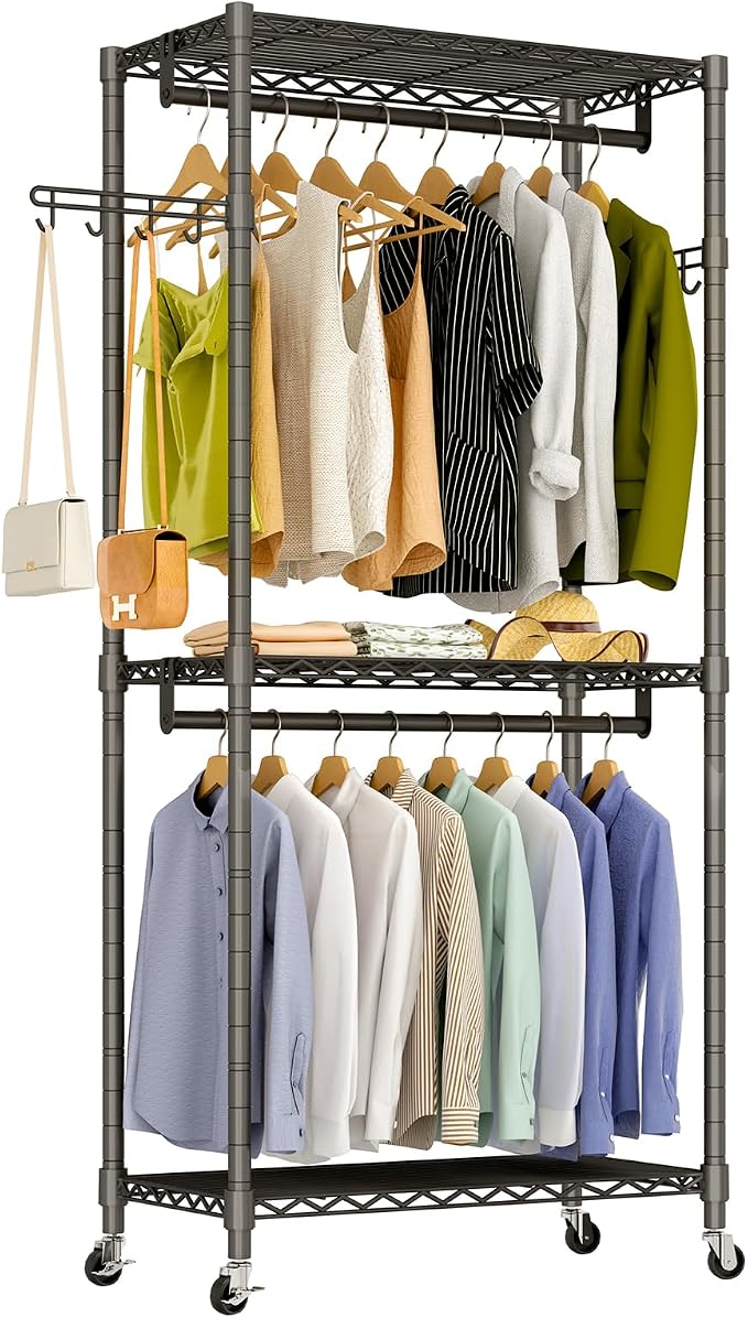 Heavy Duty Rolling Garment Rack, 3 Tiers Wire Shelves Adjustable Freestanding by EXGLOBOL