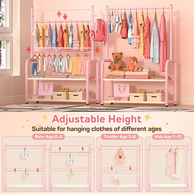 Kids Clothing Rack with 2-Layer Storage Shelf and 2 Adjustable Hanging Rods - Image 3