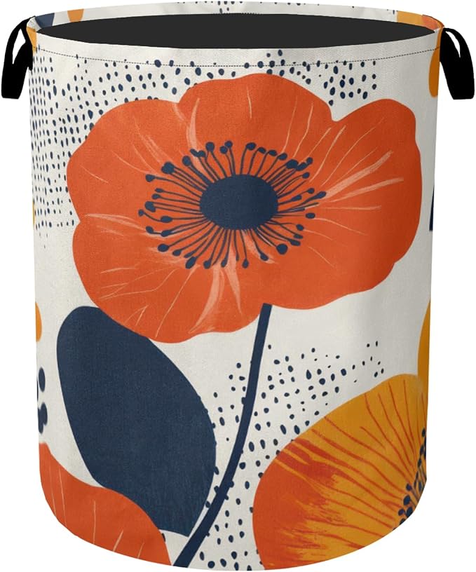 Modern Minimalist Red Flowers Foldable Canvas Laundry Basket by Gearsly
