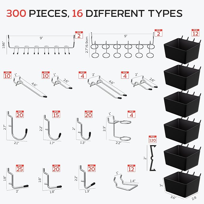 300PCS Pegboard Hooks Kit, Peg Board Organizer Accessories - Image 2
