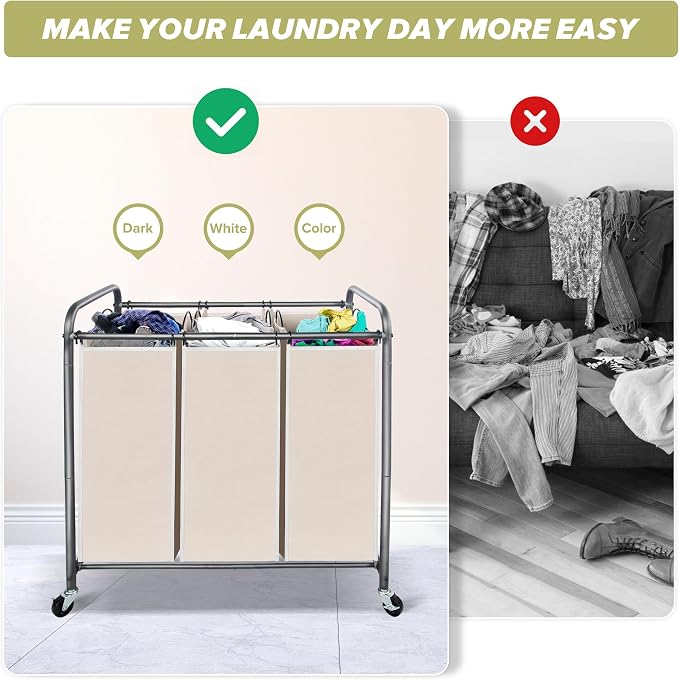 Laundry Sorter Hamper with Wheels, Heavy-Duty Laundry Sorter Rolling Cart - Image 4