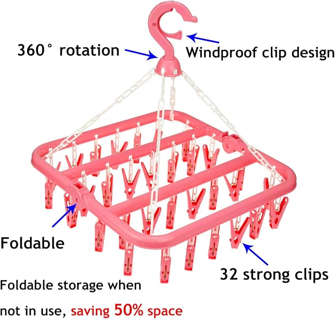 Laundry Hangers with 32 Clips, Clothespin Rack Foldable Laundry Drying Rack - Image 2