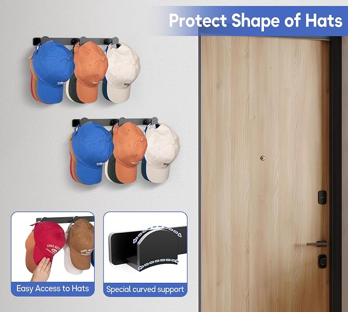 KIMBORA 2 Packs Hat Rack for Wall, Hat Organizer for Baseball Caps, 3 Mounting - Image 5