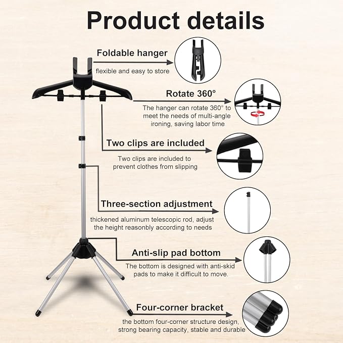 Garment Steamer Stand Kit, Height Adjustable Foldable Steaming Rack - Image 3