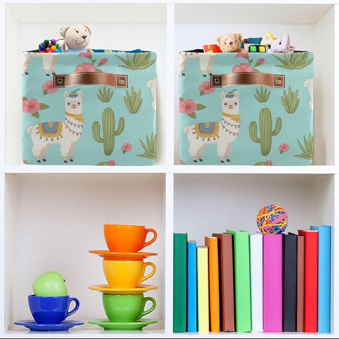 CHIFIGNO Cute Llama Cacti Plant Blue Storage Basket, Collapsible Decorative - Image 6