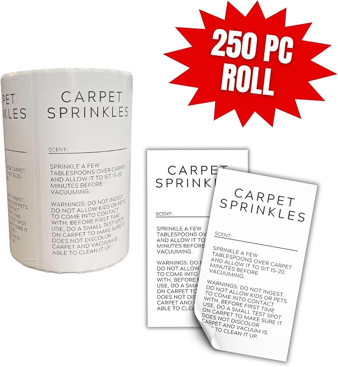 Carpet Sprinkle Freshener Instruction Stickers | 250 pc per Roll 2x3.5” - Image 2