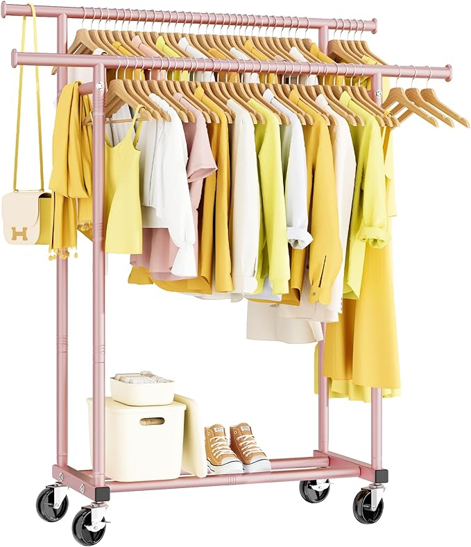 Double Rods Clothes Rack, Sturdy Rolling Clothing Rack, Portable Clothing Racks by HYSEYY