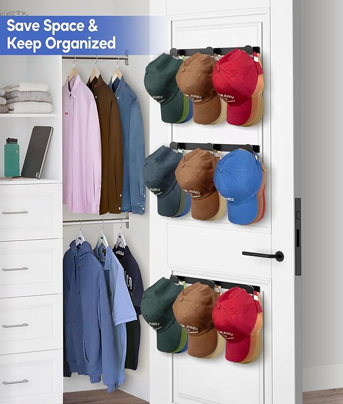 KIMBORA 4 Packs Hat Rack for Wall, Hat Organizer for Baseball Caps Holds 36 Hats - Image 6