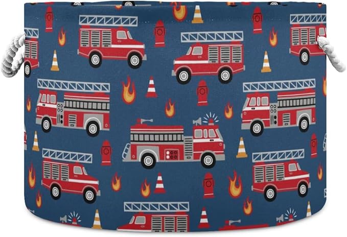 Fire Trucks Print Round Storage Basket Red Fire Fighting Supplies Large Laundry by Unknown