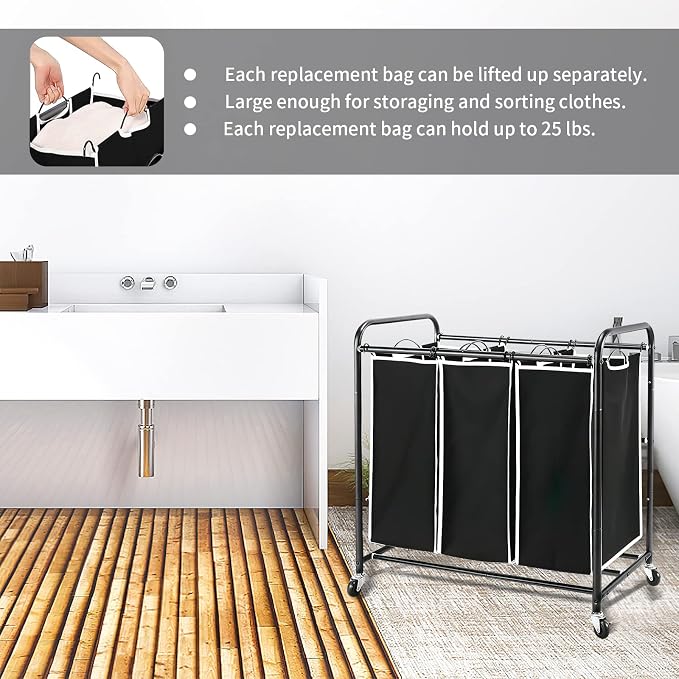 3 Bag Laundry Sorter Replacement Bags, Jhua 3 Pack Large Hamper Cart Removable - Image 4