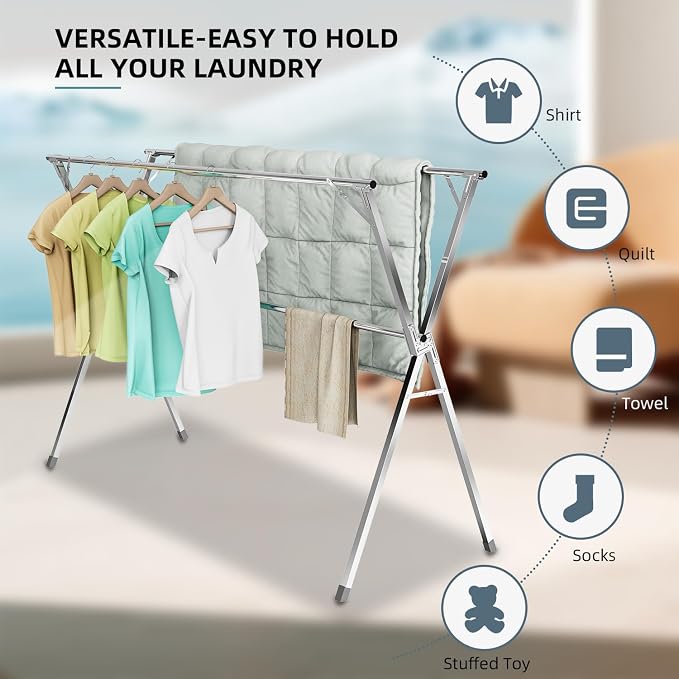 Clothes Drying Rack, Heavy Duty Stainless Steel Garment Rack, Adjustable and - Image 3