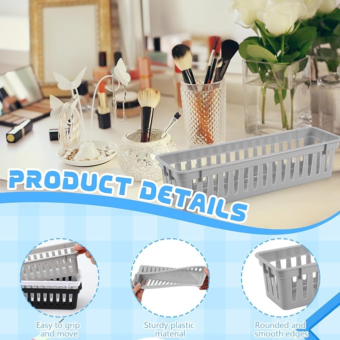 12 Pcs Gray Slim Plastic Storage Baskets Tray 10 x 3 x 2.5 Inch Compact - Image 3