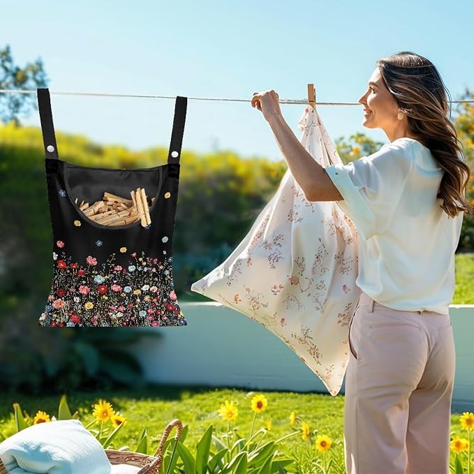 Flower Print 2 Pcs Clothespin Bag Laundry Hanging Storage Organizer Clothes Pin - Image 2