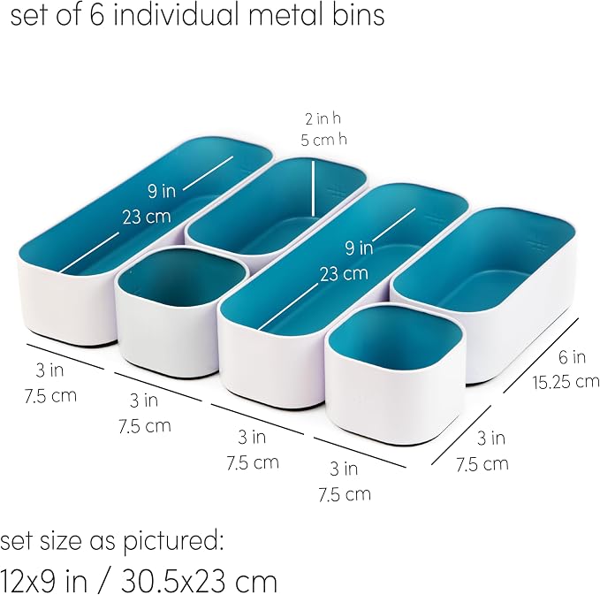 Three by Three Seattle 6 Piece Metal Stacking Bins + Drawer Organizers Set: - Image 2