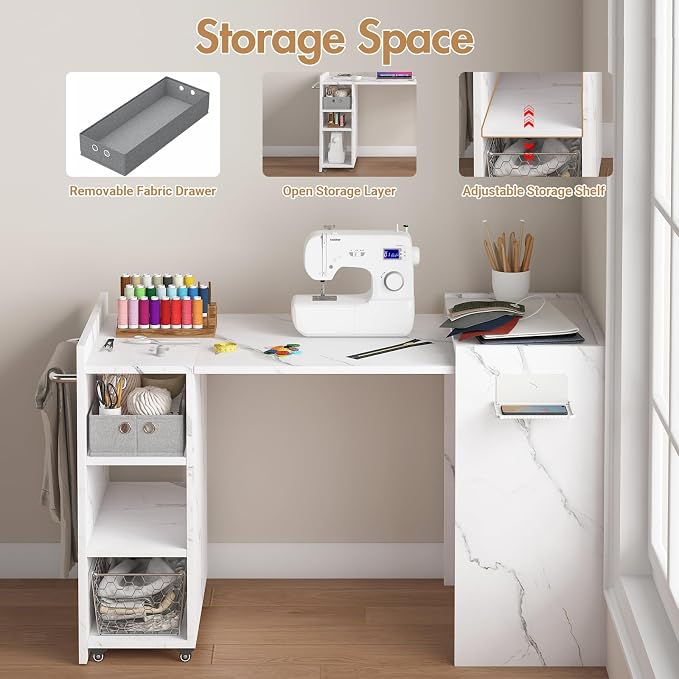 Folding Sewing Table, Wall Mount Sewing Machine Cabinet w/Storage Shelves & - Image 4