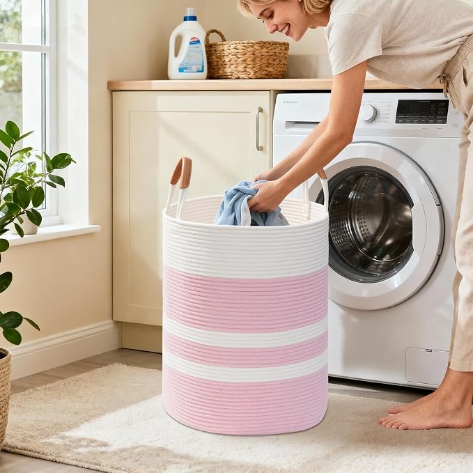 60L Striped Laundry Basket, Woven Cotton Rope Storage Bin - Image 2