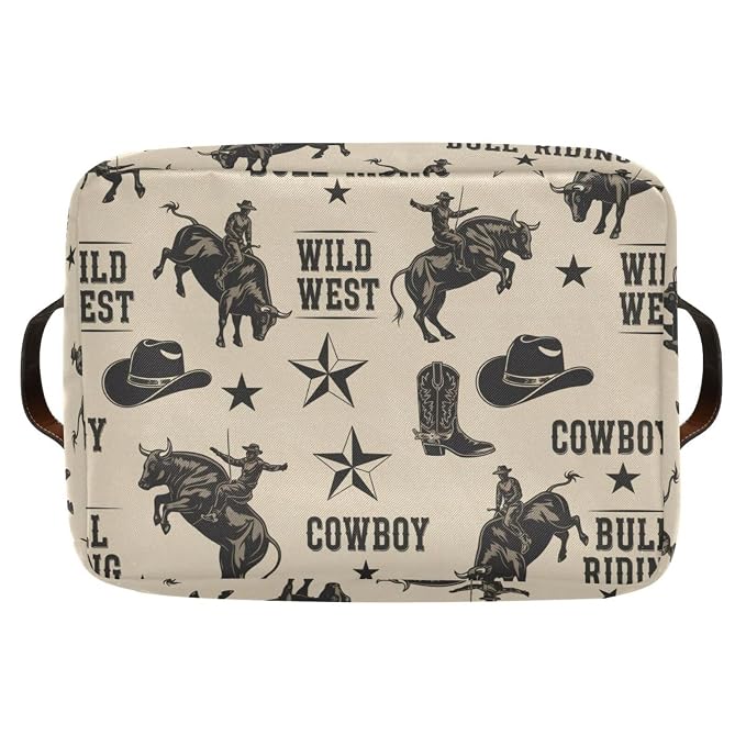 Western Cowboy Beige Rectangular Storage Bin Basket - Image 8