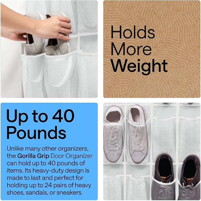 GORILLA GRIP Over the Door Shoe Organizer, 2 Pack, 24 Breathable Mesh Pockets - Image 3