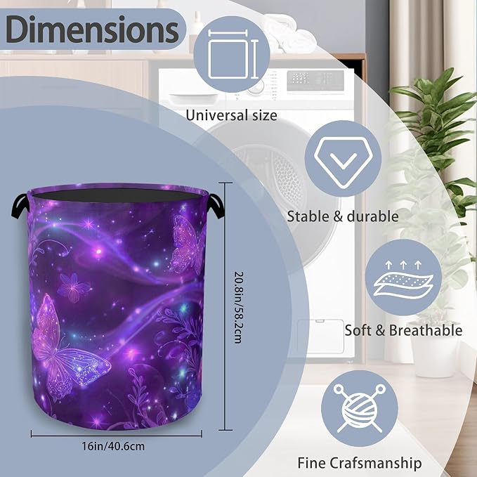 Purple Butterfly Laundry Hamper, Sparkling Dirty Clothes Laundry Basket - Image 2