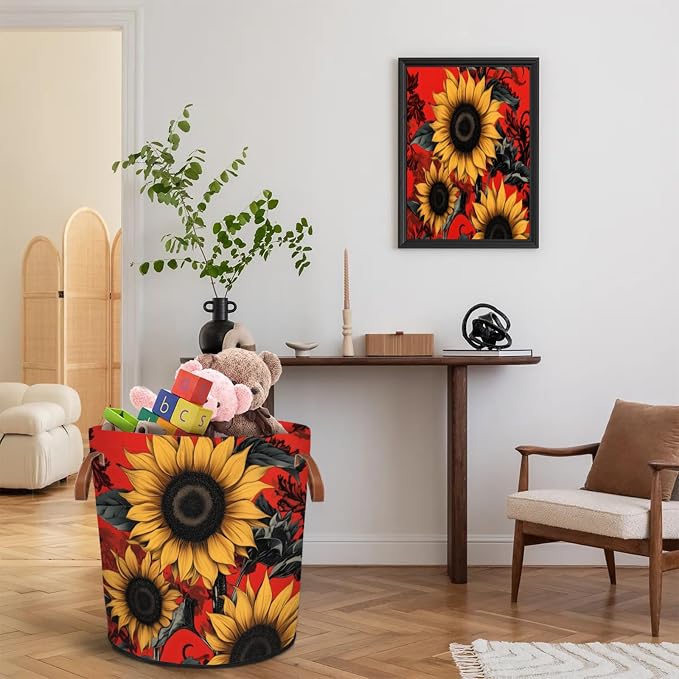 Sunflowers Red Laundry Hamper Waterproof Collapsible Basket - Image 7