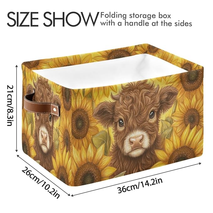 Cow Sunflowers Golden Rectangular Storage Bin Basket - Image 3