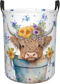 Highland Cow with Blue Floral Laundry Basket, Farm Animal Dirty Clothes Laundry by MAZAOTEULaundryHamper