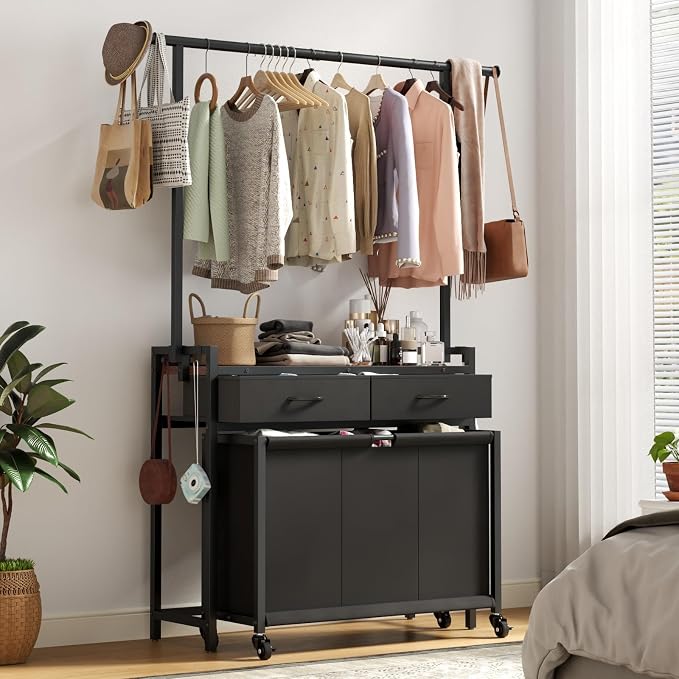 Laundry Sorter Hamper with Hanging Cloth Rack, Laundry Basket with 3 Section - Image 3