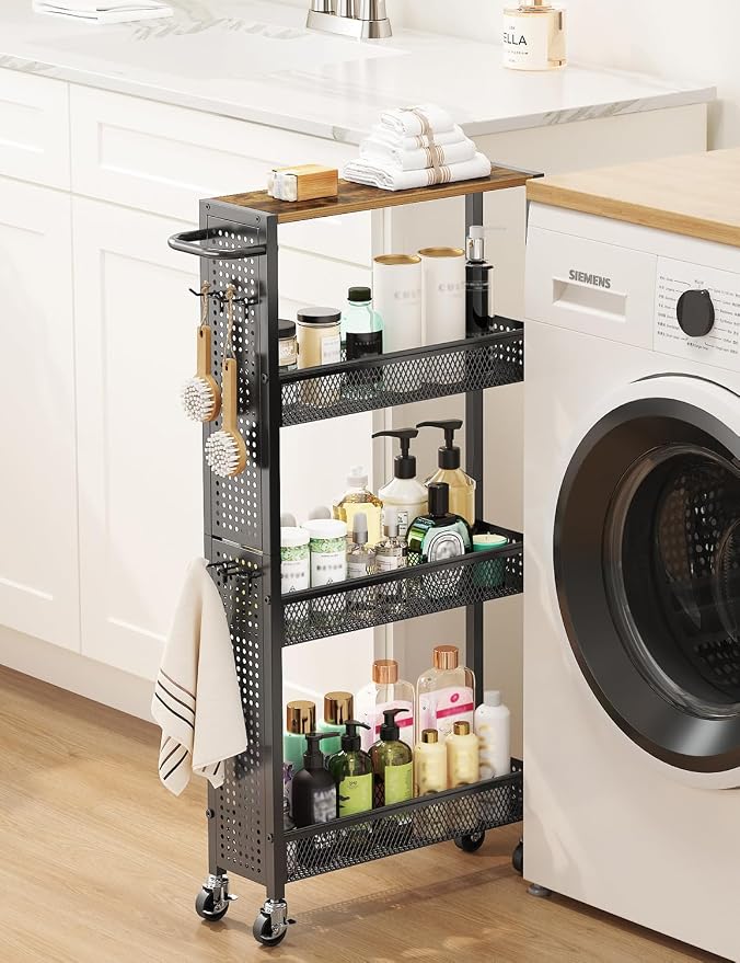 Utility Slim Storage Cart 4 Tier Small Rolling Kitchen Laundry Room by Beeowner