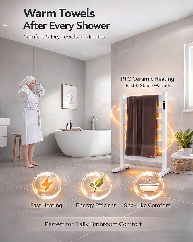 Heated Towel Rack – Rapid PTC Heating, LED Timer Control, Automatic Shut-Off - Image 2