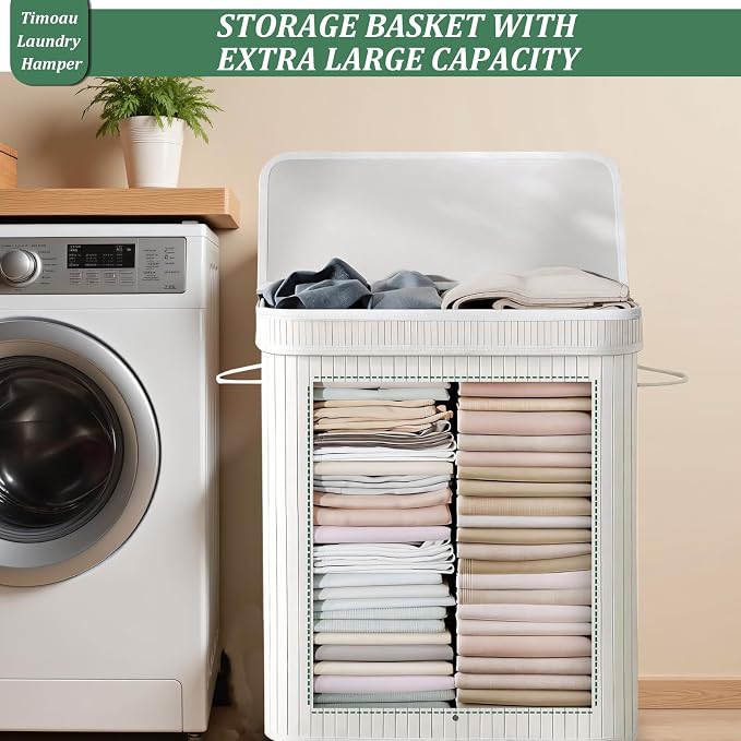 72L Laundry Hamper with Lid, Bamboo Laundry Basket with Removable Liner Bag - Image 6