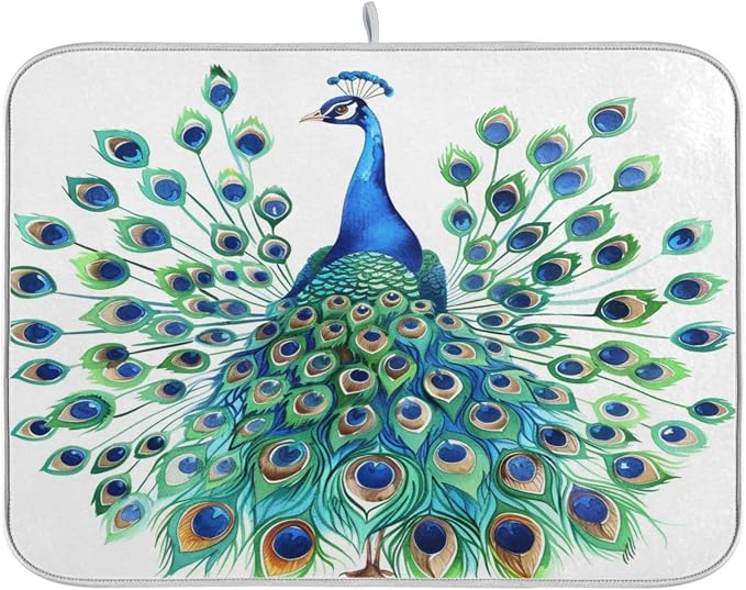 Vivid Pattern Extra Large Kitchen Dish Drying Mat, Elegant Peacock Spreads Tail by Unknown