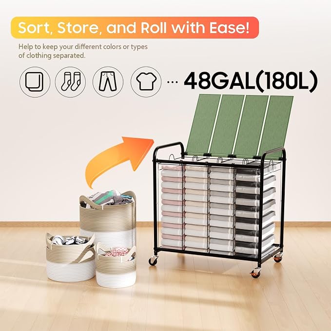 Laundry Sorter 4 Sections 48 Gal, Rolling Laundry Basket - Image 6
