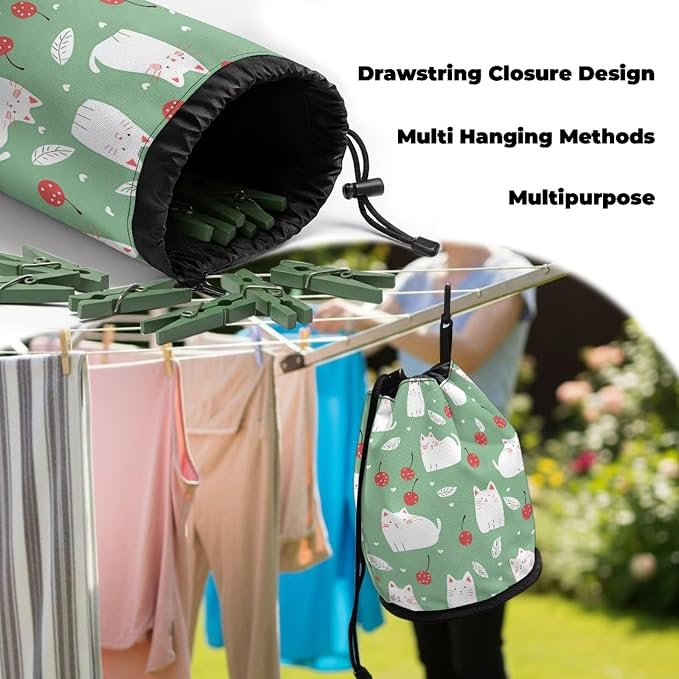 Cat Cherry Clothespin Bag with Hooks Hanging Clothes Pin Bag with Drawstring - Image 6