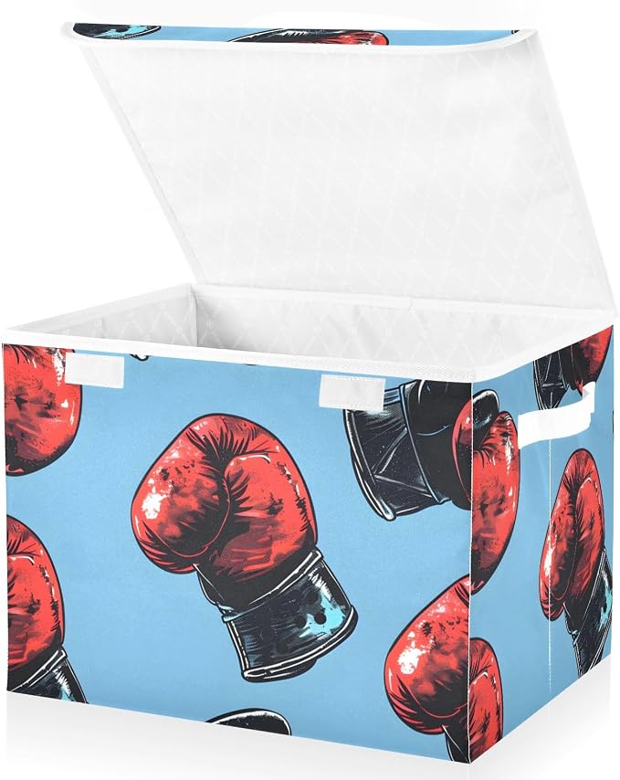 Storage Bin with Lid Red Black Boxing Gloves Storage Box Basket Large by ZOEO