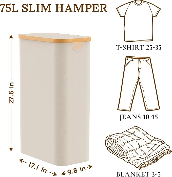 Laundry Basket with Lid, 75L Slim Laundry Hamper with Removable Bag, Travel - Image 2