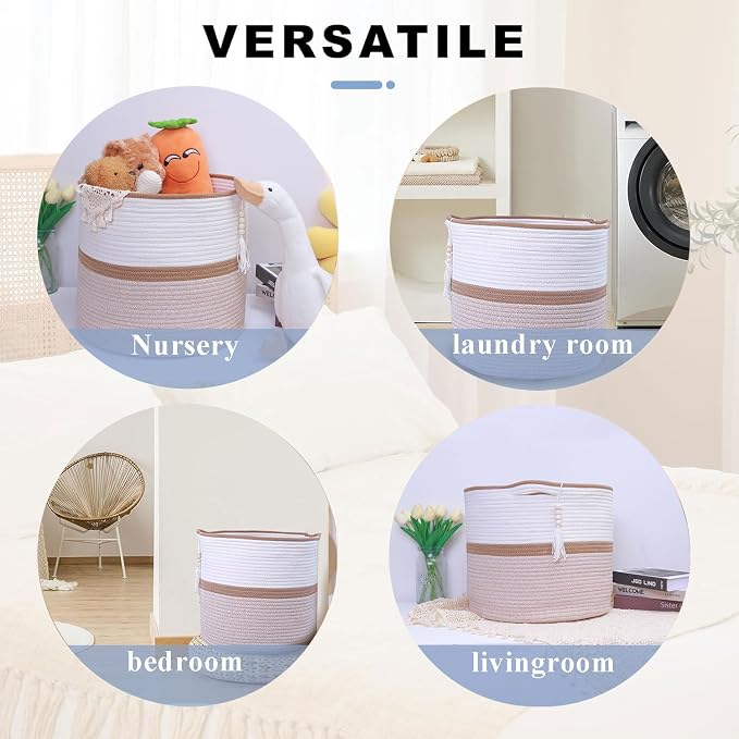 Large Woven Rope Laundry Hamper, Cotton Rope Storage Basket - Image 3