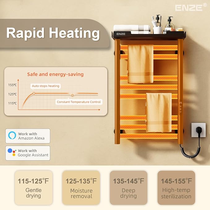 ENZE Smart Heated Towel Rack, 8-Bar Wall-Mounted Electric Towel Warmer - Image 6