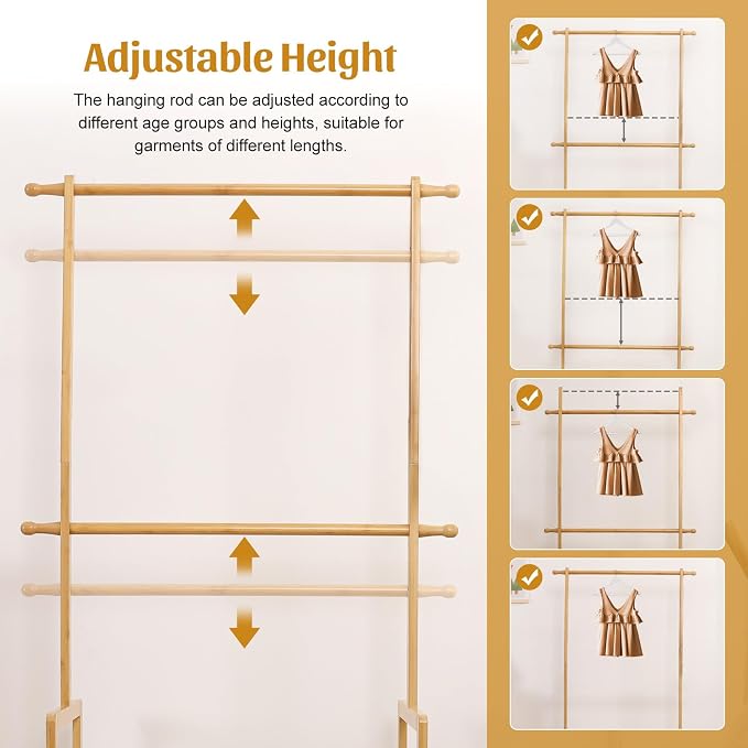 Kids Clothing Rack Bamboo with 2 Storage Baskets and 2 Adjustable Hanging Rods - Image 2