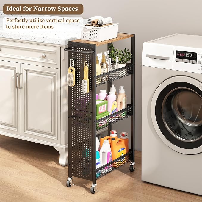 Utility Slim Storage Cart 4 Tier Small Rolling Kitchen Laundry Room - Image 5